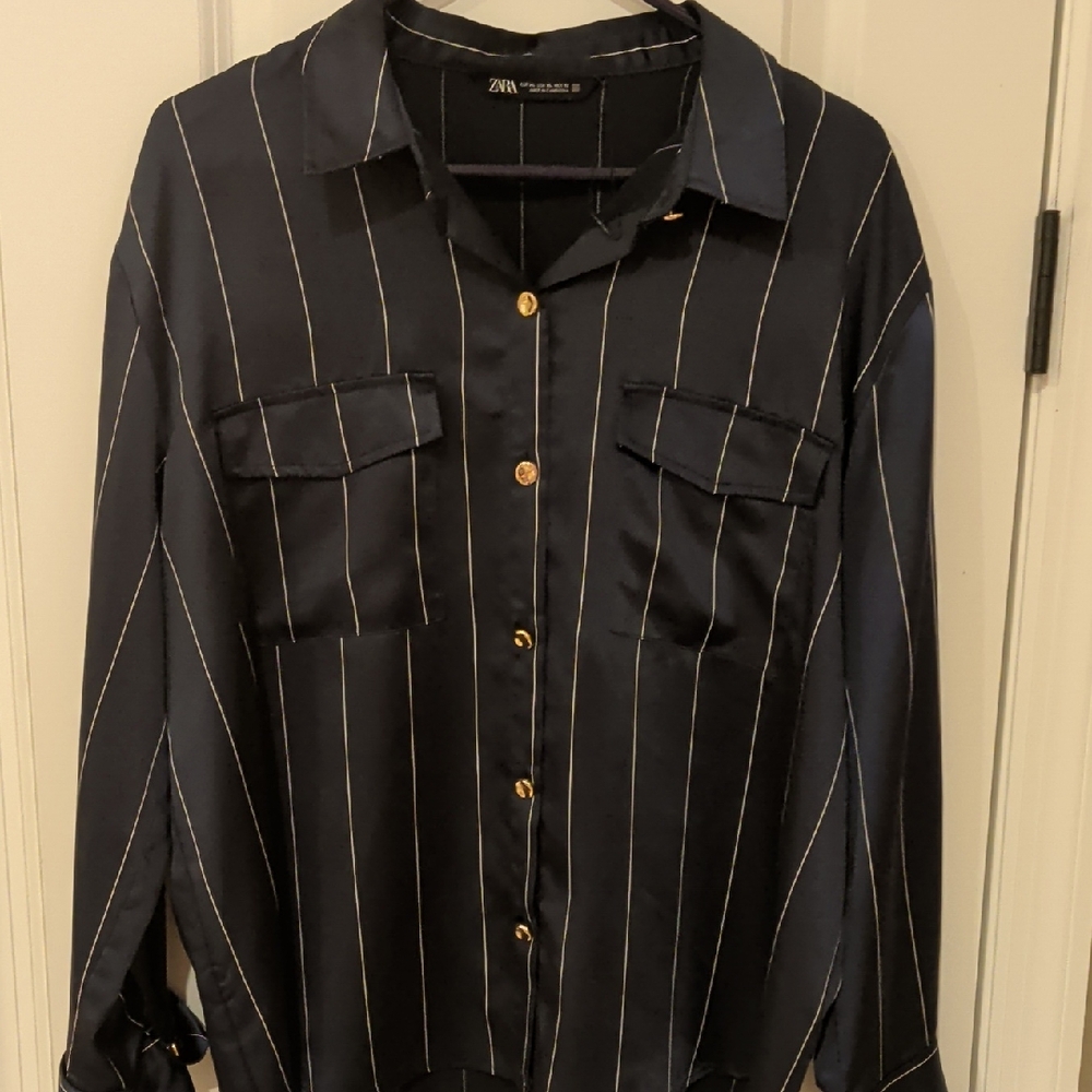 Zara Navy Striped Shirt with Gold Buttons